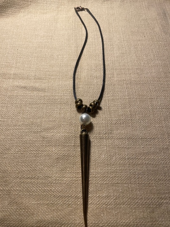 Jewelry - Delicate Black Cord Necklace with Pearl and Antique Gold Spike 15.5”